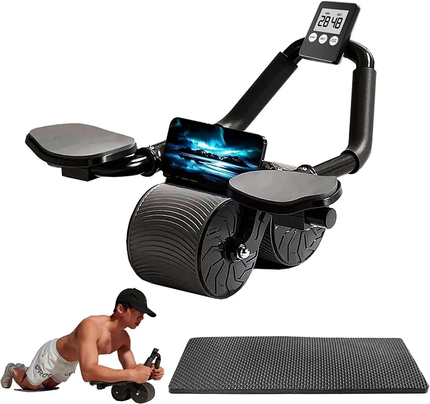 Abdominal Roller Exercise Device, Abdominal Fitness Wheel for Core Muscle Training, with Digital Timer and Phone Holder, Intelligent Dual-Wheel Rebound Design Home Gym Kit Rueda Auto Abdominal Wheel