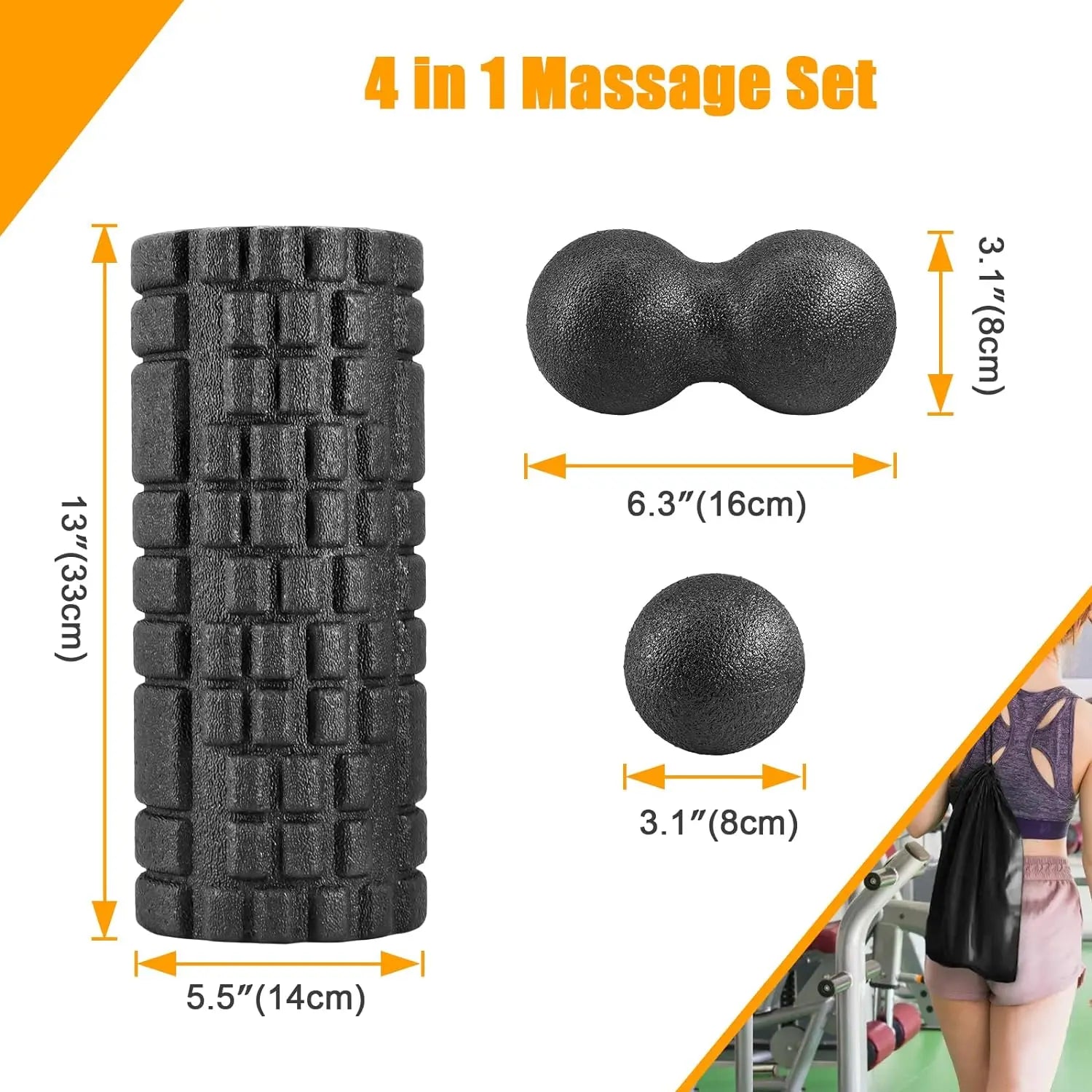 Foam Fascia Roller Set Fitness Yoga Massage Balls Kit Athletic Massage Tool for Back Stretching, Yoga, Pilates, Post Workout