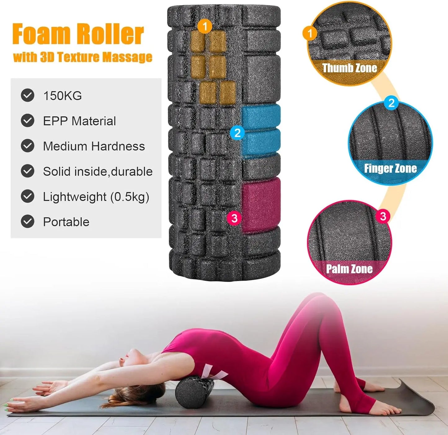 Foam Fascia Roller Set Fitness Yoga Massage Balls Kit Athletic Massage Tool for Back Stretching, Yoga, Pilates, Post Workout